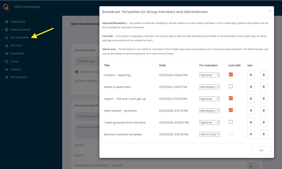 broadcast templates creation.web app-qdrome